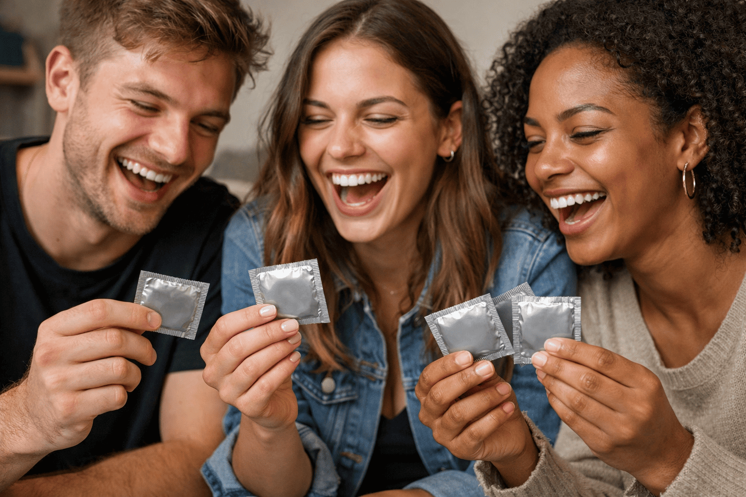 Jeunes qui rigolent devant des préservatifs au design amusant